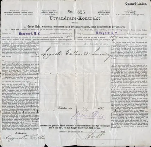 Immigrant Passage Contract - Sweden to New York, Cunard Line Campania 1897