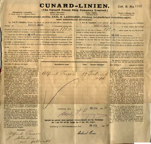 Contract for a Swedish immigrant from Gothenburg to Boston in 1914