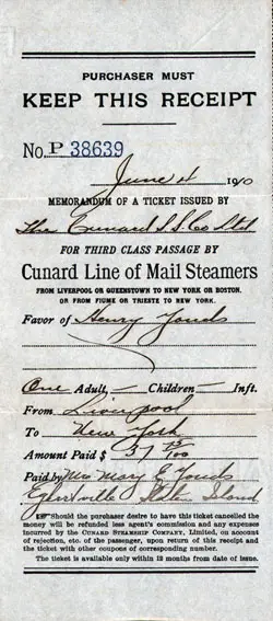 Cunard Line RMS Campania Ticket Recipt for Third Class Passage, from Liverpool to New York, 4 June 1910.