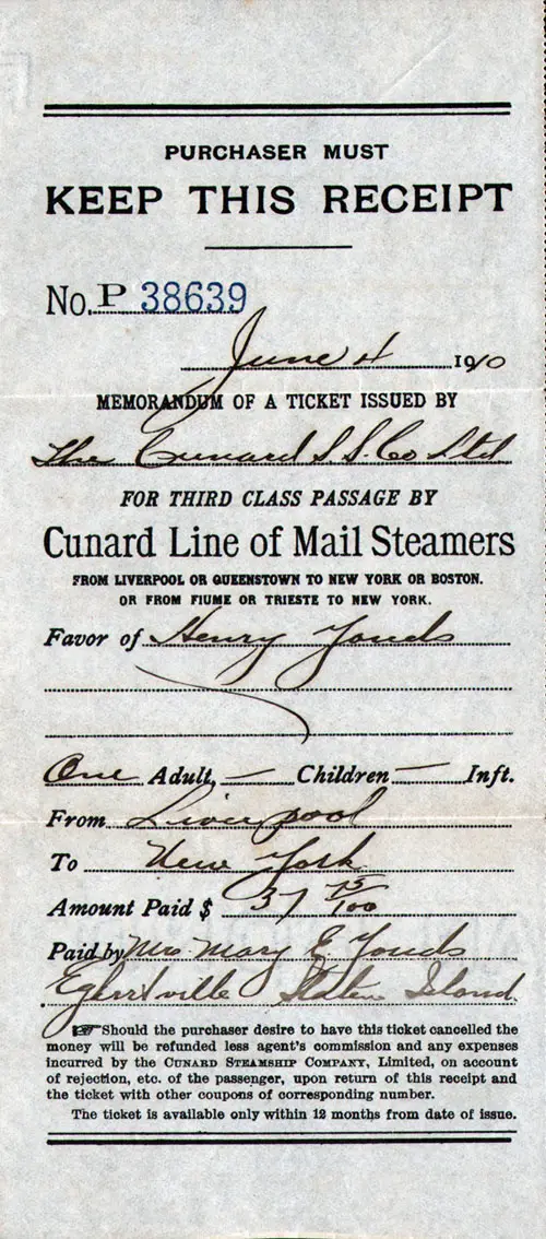 Ticket Recipt for Third Class Passage, Cunard Line, Westbound 1910 