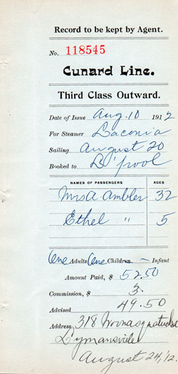 Cunard Line SS Laconia Agent's Record of Third Class Outward Steamship Ticket, 10 August 1912 for the 24 August 1912 Voyage.