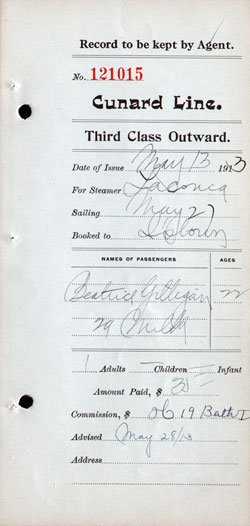 Agents' Record, Third Class Outward Passenger Ticket, Cunard Line 1913