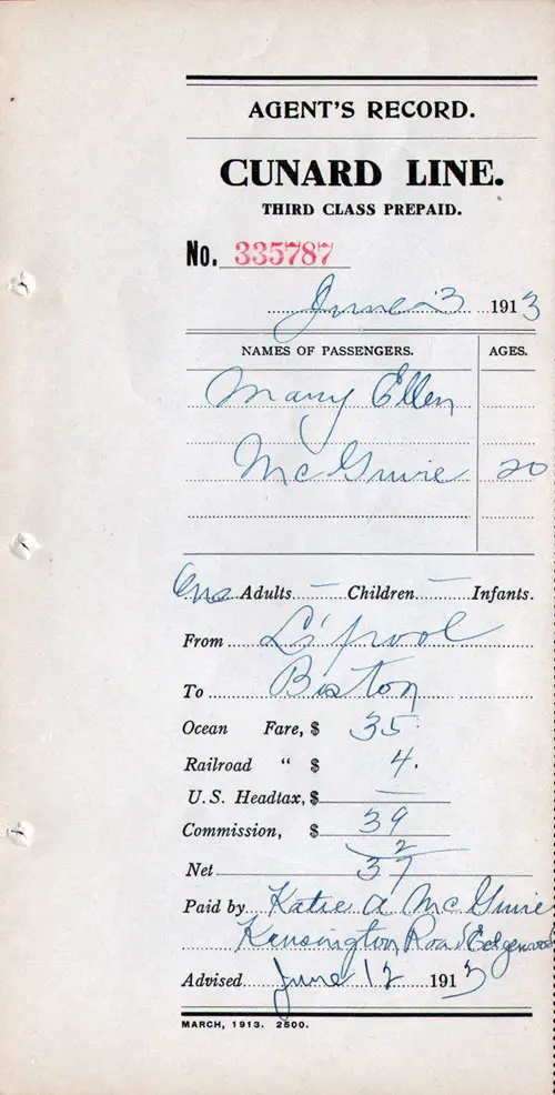 RMS Laconia Third Class Prepaid Ticket - Agents Record, Liverpool to Boston, 3 June 1913.