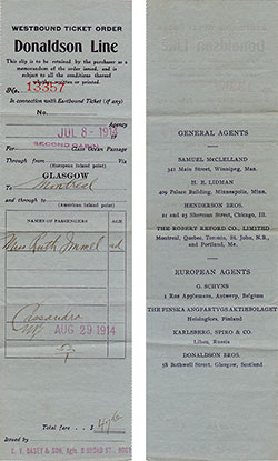 Westbound Second Cabin Ticket Order Dated 8 July 1914.