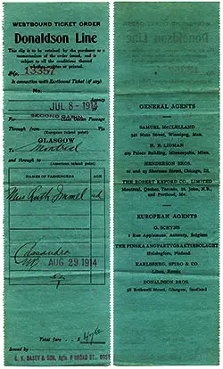 Westbound Second Cabin Ticket Order Dated 8 July 1914.