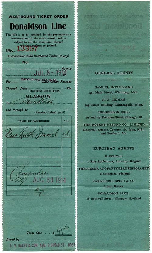 Westbound Second Cabin Ticket Order Dated 8 July 1914.