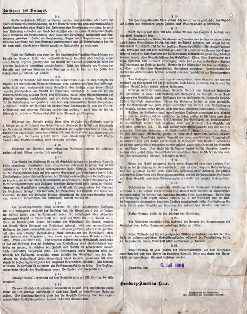 Reverse side of the Hamburg-Amerika Contract for Passage from 1904