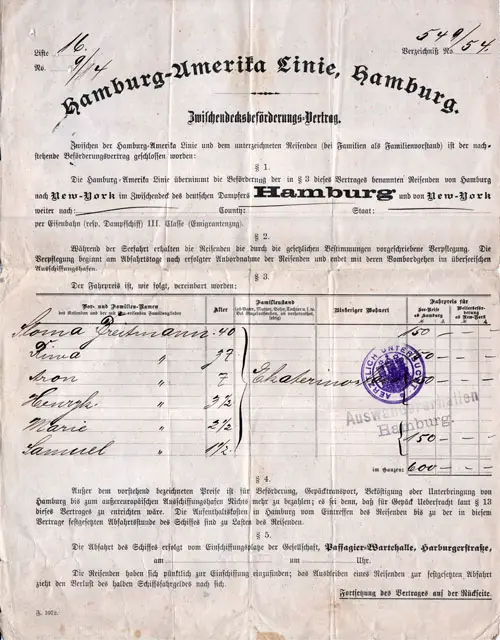 Hamburg-Amerika Linie Passage Contract, Hamburg to New York, 1904, for Family of 2 Adults, 4 Children.