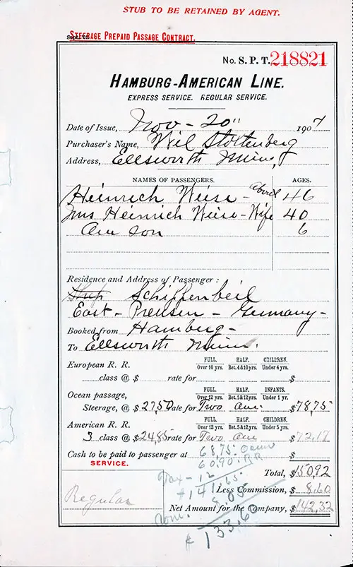 SS President Lincoln Prepaid Steerage Ticket/Contract, 20 November 1907 for a German Immigrant Family.