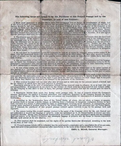 Terms and Condtions to Steeerage Prepaid Passage Contract - 1912