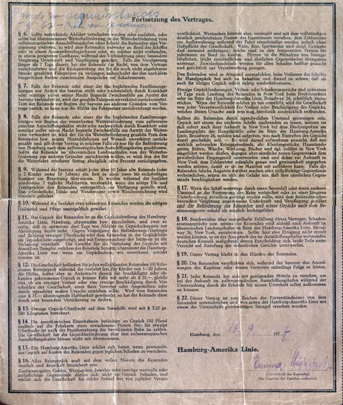 Reverse side of Passenger Contract 1927