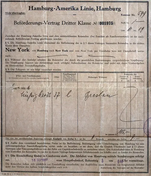 Hambrug-Amerika Third Class Passenger Contract 1927