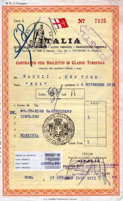 Italia Contratto per Biglietto di Classe Turistica 1935 | Italy Contract for Tourist Class Ticket 1935.