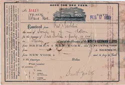 Front of Prepaid Steerage Passage Contract from 1883
