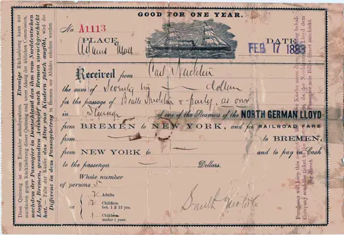 Prepaid Steerage Passage, German Immigrant Family, 1883, North German Lloyd