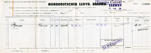 Transfer via Conveyance to Another European Base without Change of Transport. Bed No. 1828, Ticket No. 04245, Tourist Cabin, SS Bremen, 15 August 1925.