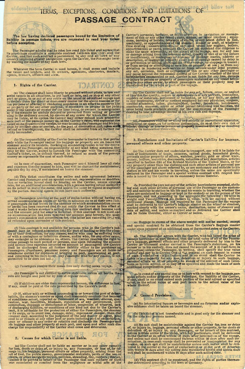 Terms and Conditions of Tourist Class Steamship Contract - 6 September 1935.