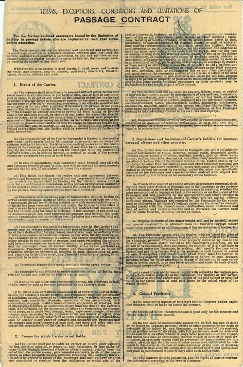 Terms and Conditions of Tourist Class Steamship Contract - 6 September 1935.