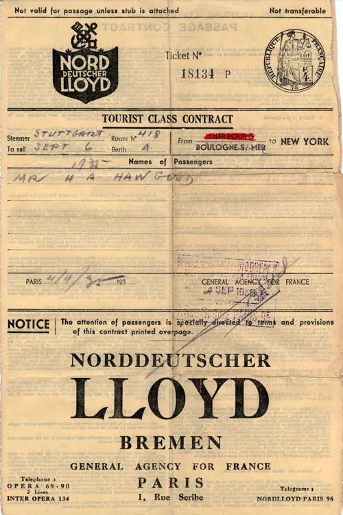 1935 Passage Contract from Bologne to New York, Norddeutscher Lloyd.