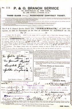 Third Class (Steerage) Passengers' Contract Ticket, P. & O. Line, 1921