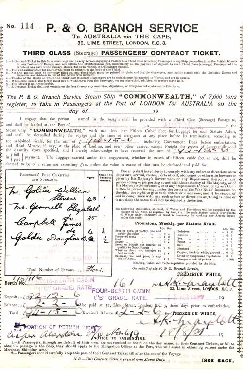 Third Class (Steerage) Passengers' Contract Ticket, P. & O. Line, 1921