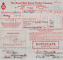 Prepaid Certificate for Second Class Passage - Royal Mail Steam Packet Company - 1923
