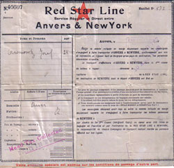 RMS Zeeland of the Red Star Line Third Class Passage Contract Dated 10 August 1912, Antwerp to New York, Arriving in New York 20 August 1912.