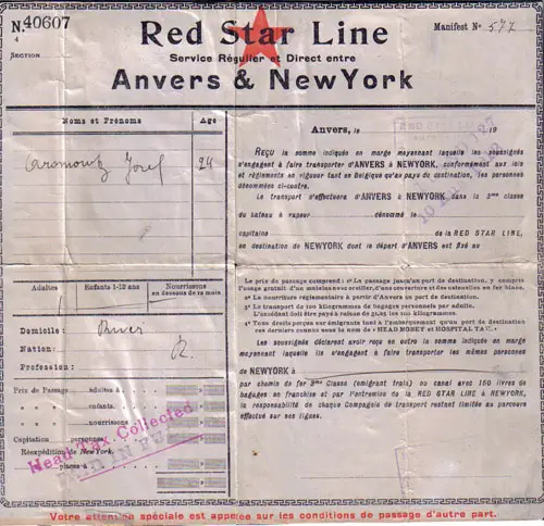 RMS Zeeland of the Red Star Line Third Class Passage Contract Dated 10 August 1912, Antwerp to New York, Arriving in New York 20 August 1912.