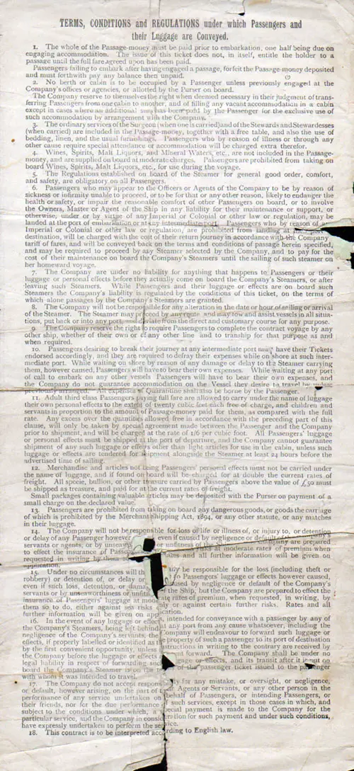 Deck Class Steamship Ticket, Union-Castle Line, RMS Dunvegan Castle 1912  - Back