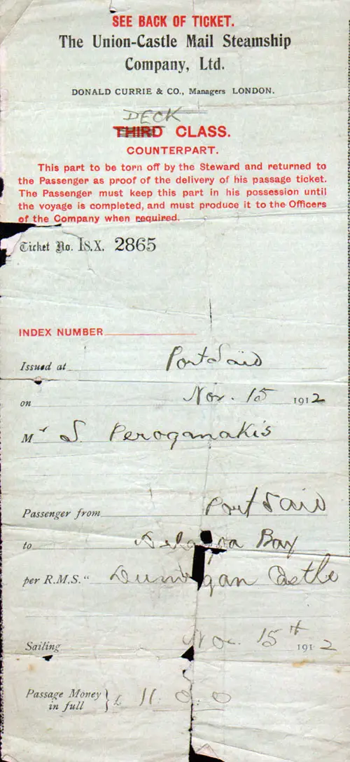 Deck Class Steamship Ticket, Union-Castle Line, RMS Dunvegan Castle 1912 -Front
