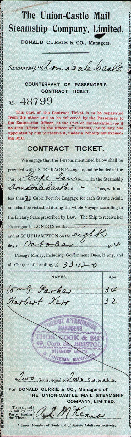 Counterpart of Passenger Contract Ticket for Passage from Cape Town, South Africa to Southampton, 1904.