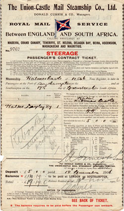 Union-Castle Mail Steamship Co - Steerage Passenger's Contract Ticket 1906