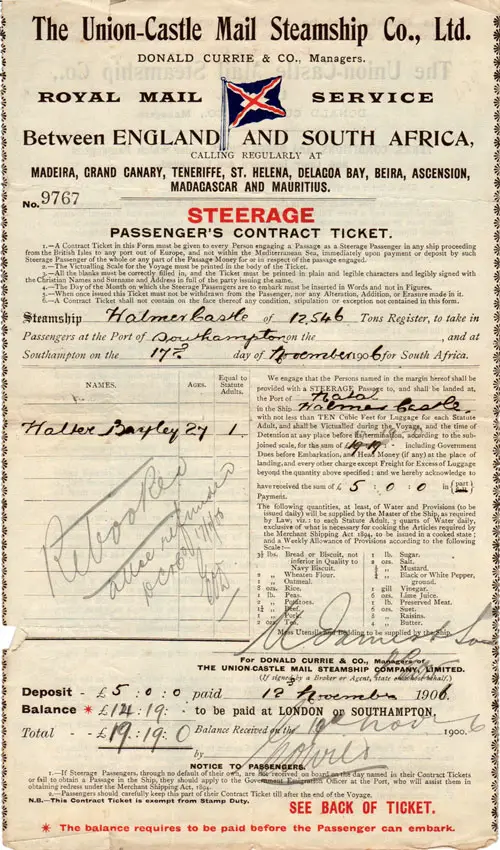 Steerage Passenger's Contract Ticket, Union-Castle Steamship Co. 1906