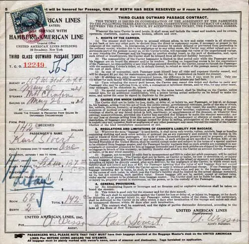 Third Class Outward Passage Contract No 12249 (26 May 1921)