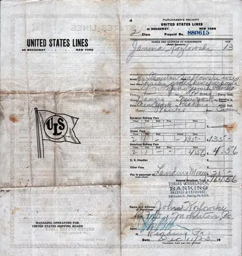 Second Class Prepaid Passage Ticket - Polish Immigrant Girl (1923)
