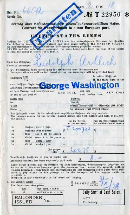 Main portion of Steamship Ticket