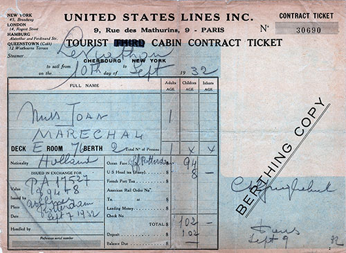 Steamship Ticket - Tourist Cabin - United States Lines SS Leviathan, 1932