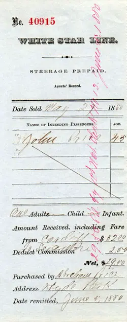 Prepaid Steerage Agent's Record (1880)