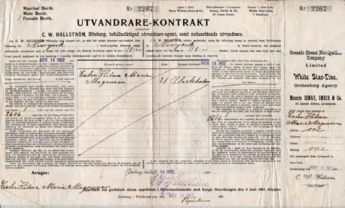 Steamship Passenger Contract, Swedish Immigrant, Gothenburg to New York, 1902
