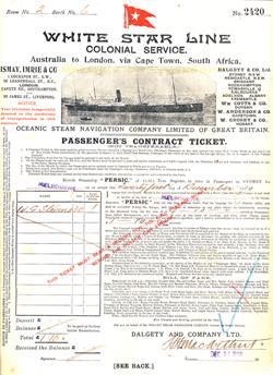 Passenger's Contract Ticket, Colonial Service, White Star Line, Australia to London 1910