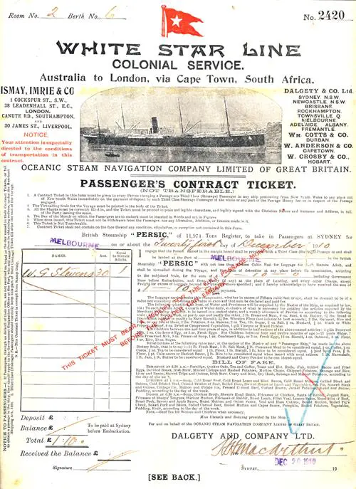 White Star Line Colonial Service Passenger's Contract Ticket from Sydney to Melbourne on the SS Persic, 21 December 1910 for a total fare of £1:10:0.