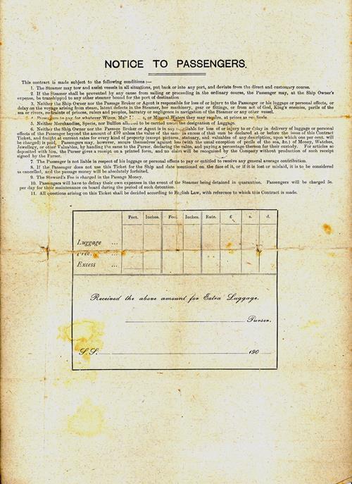 Reverse Side, Passenger's Contract Ticket, Colonial Service, White Star Line, Australia to London 1910