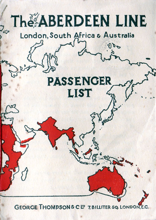 Passenger List, Aberdeen Line TSS Sophocles - 1925 - Front Cover