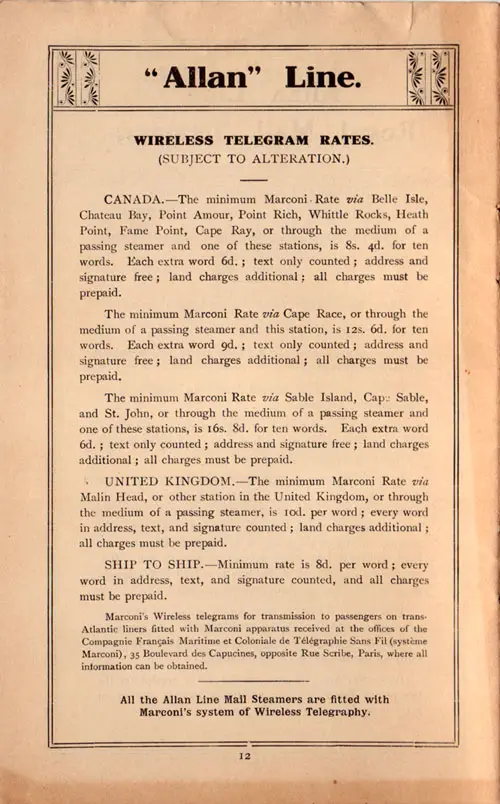 Allan Line Wireless Telegram Rates, 1909.