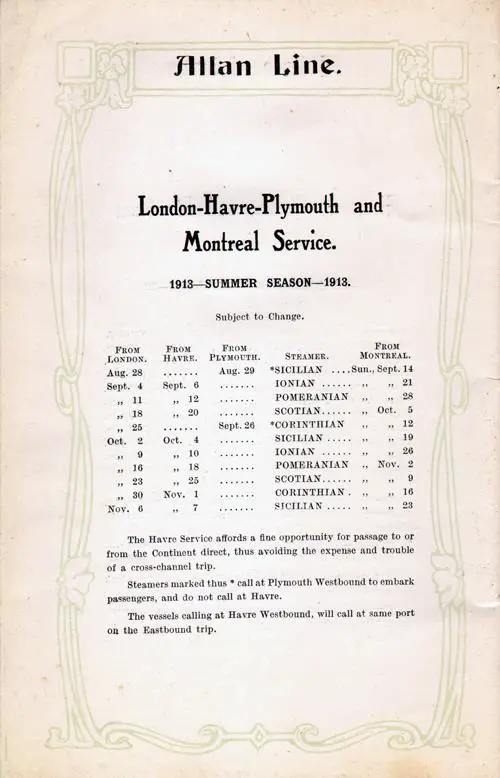 Sailing Schedule, London-Le Havre-Plymouth-Montreal, from 28 August 1913 to 23 November 1913.