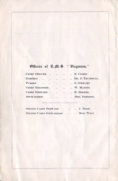 Listing of Senior Officers and Staff, SS Virginian Second Cabin Passenger List, 14 September 1906.