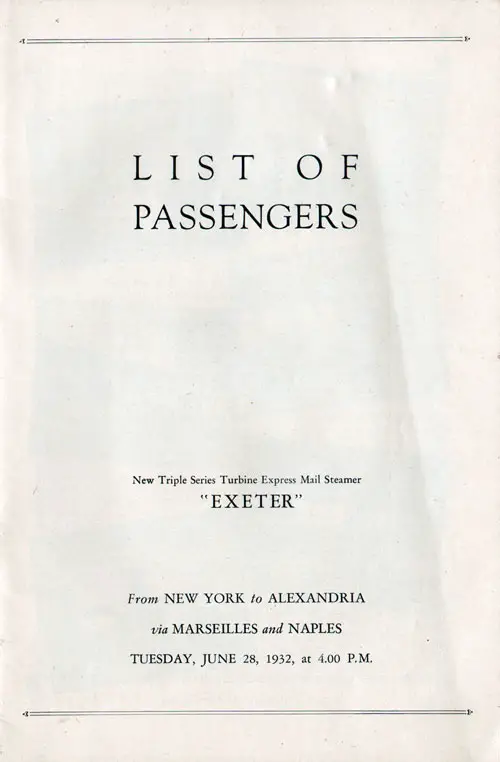 Title Page, SS Exeter Passenger List, 28 June 1932.