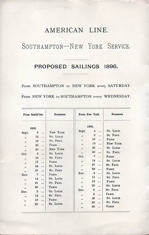 Sailing Schedule, Southampton-New York Service, from 8 September 1896 to 30 December 1896.