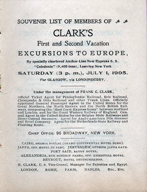 Title Page, SS Caldedonia Passenger List, Clark's Tour, 1 July 1905.