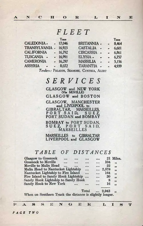 Anchor Line Fleet Including Tenders, Global Services, and Table of Distances from Glasgow to New York, 1929.